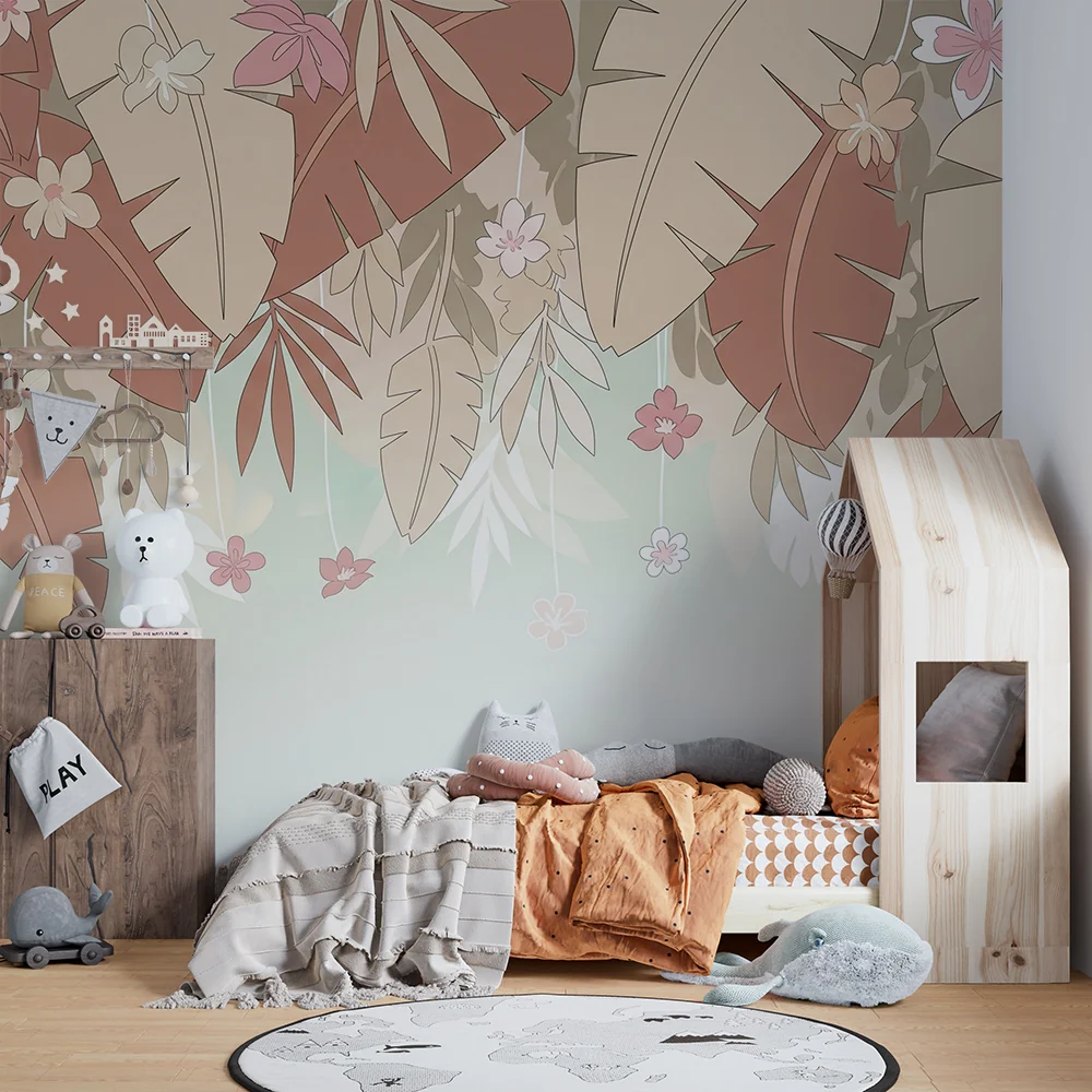 Nursery room wallpaper | Tropikus levelek bézs és terrakotta