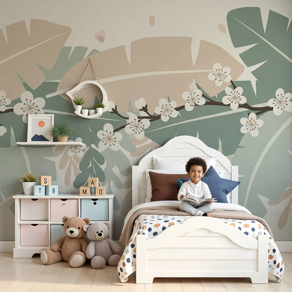 Nursery room wallpaper | Tropikus levelek és finom virágok