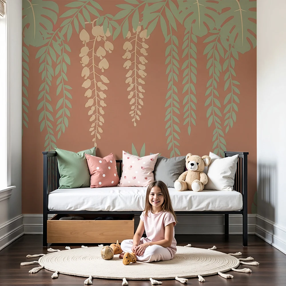 Nursery room wallpaper | Tropikus levelek és lágy hangulat