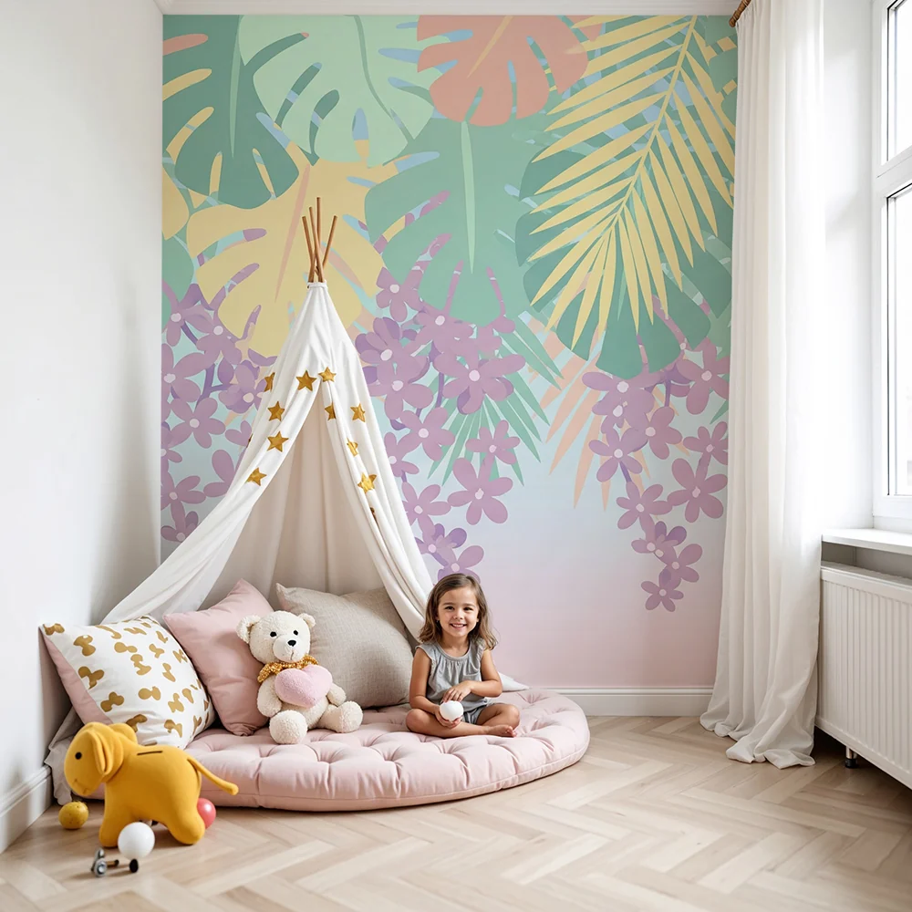 Nursery room wallpaper | Tropikus levelek és pasztell virágok