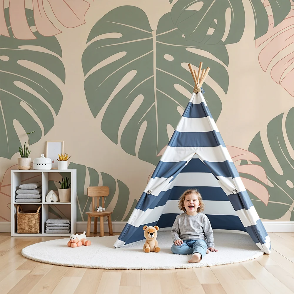 Nursery room wallpaper | Tropikus levelek zöld és rózsaszín háttéren