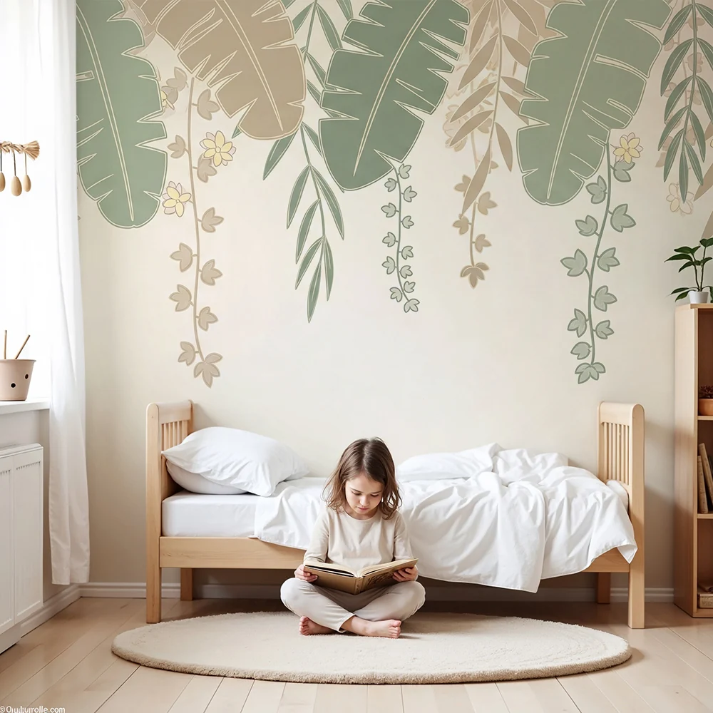 Nursery room wallpaper | Tropikus lombhullató levelek bézs háttérrel