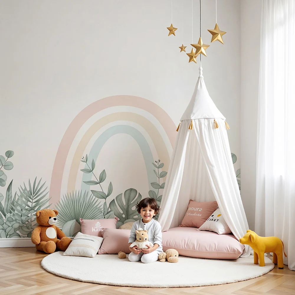 Nursery room wallpaper | Tropikus növények és pasztell szivárvány