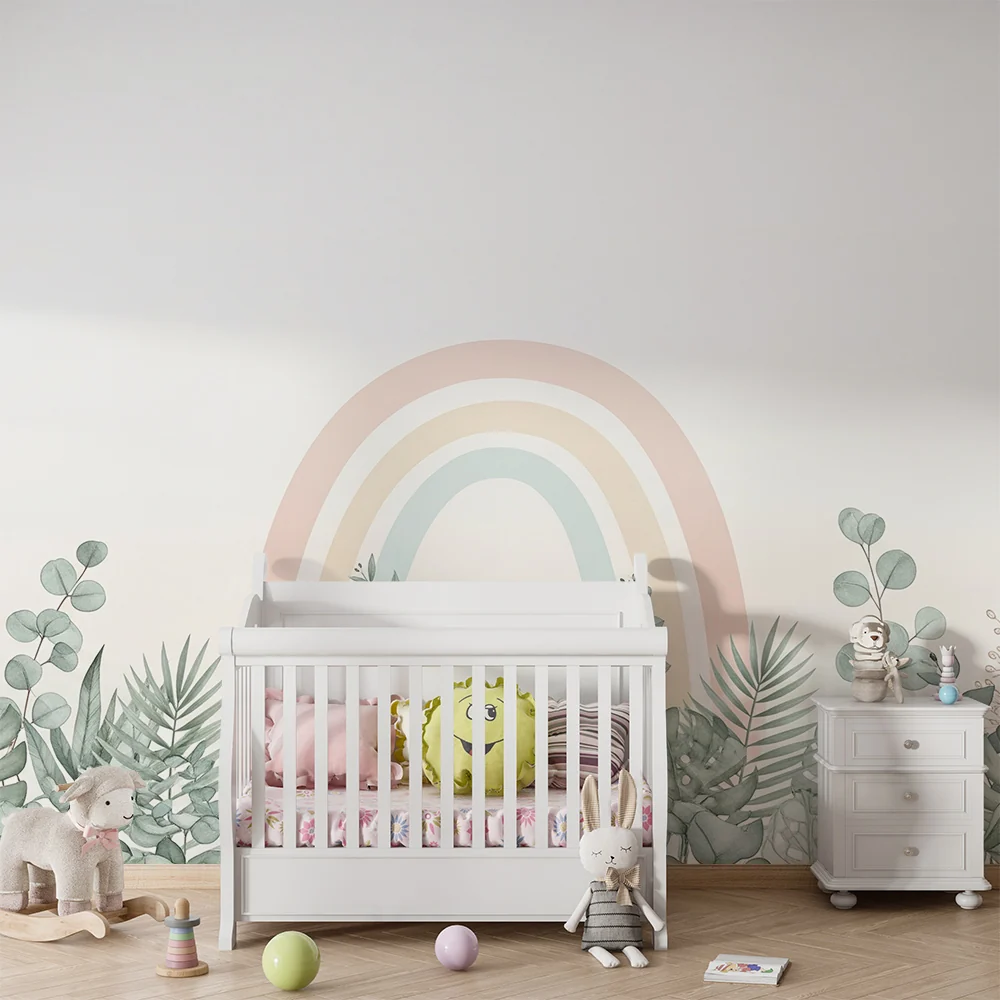 Nursery room wallpaper | Tropikus növények és pasztell szivárvány