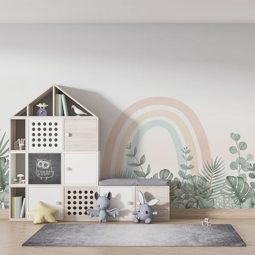 Nursery room wallpaper | Tropikus növények és pasztell szivárvány