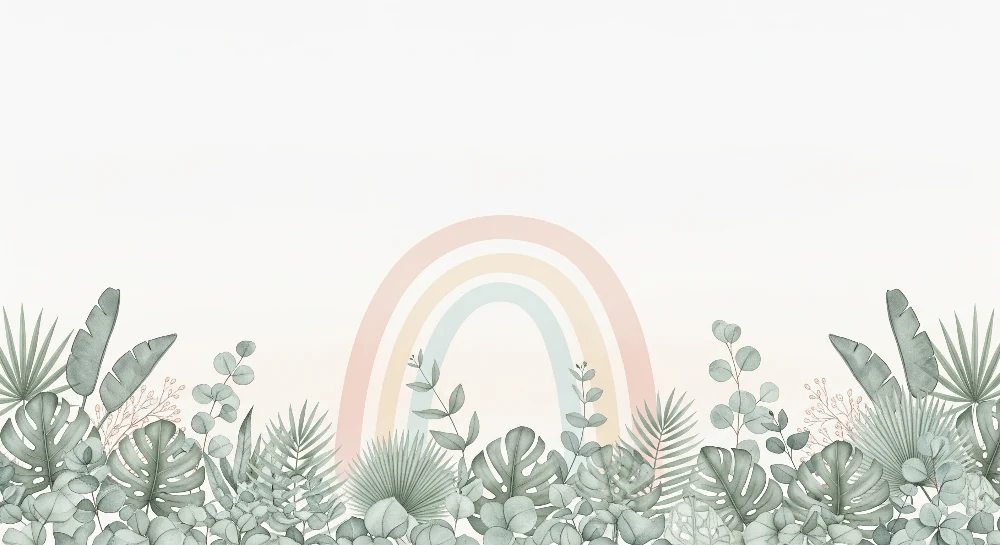 Nursery room wallpaper | Tropikus növények és pasztell szivárvány
