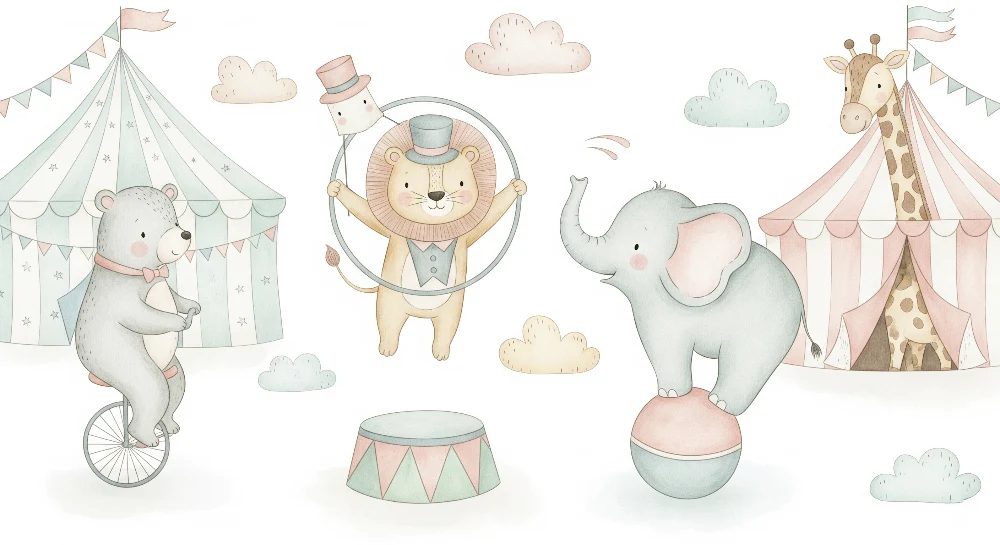 Nursery room wallpaper | Varázslatos cirkusz vidám állatokkal