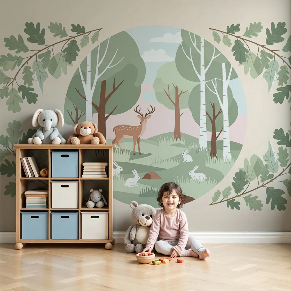 Nursery room wallpaper | Varázslatos erdő szarvasokkal és nyulakkal