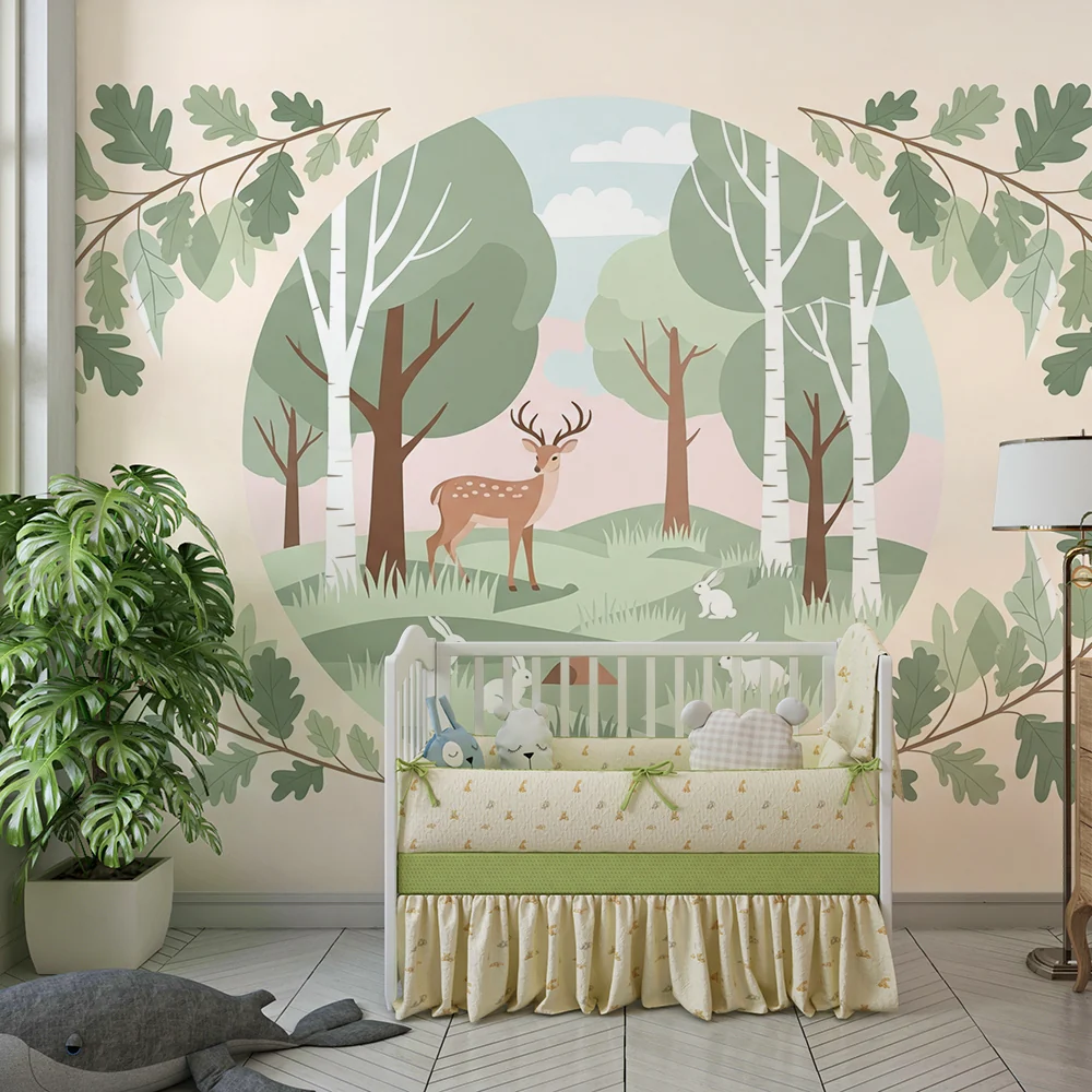 Nursery room wallpaper | Varázslatos erdő szarvasokkal és nyulakkal