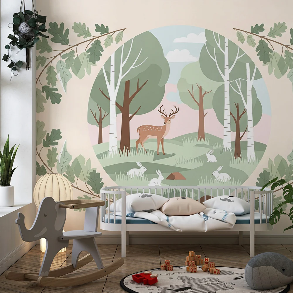 Nursery room wallpaper | Varázslatos erdő szarvasokkal és nyulakkal