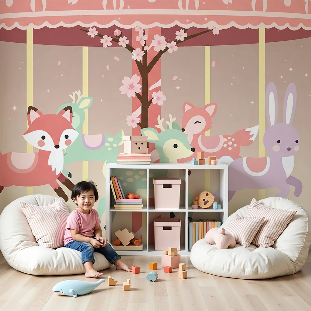 Nursery room wallpaper | Varázslatos körhinta aranyos állatokkal