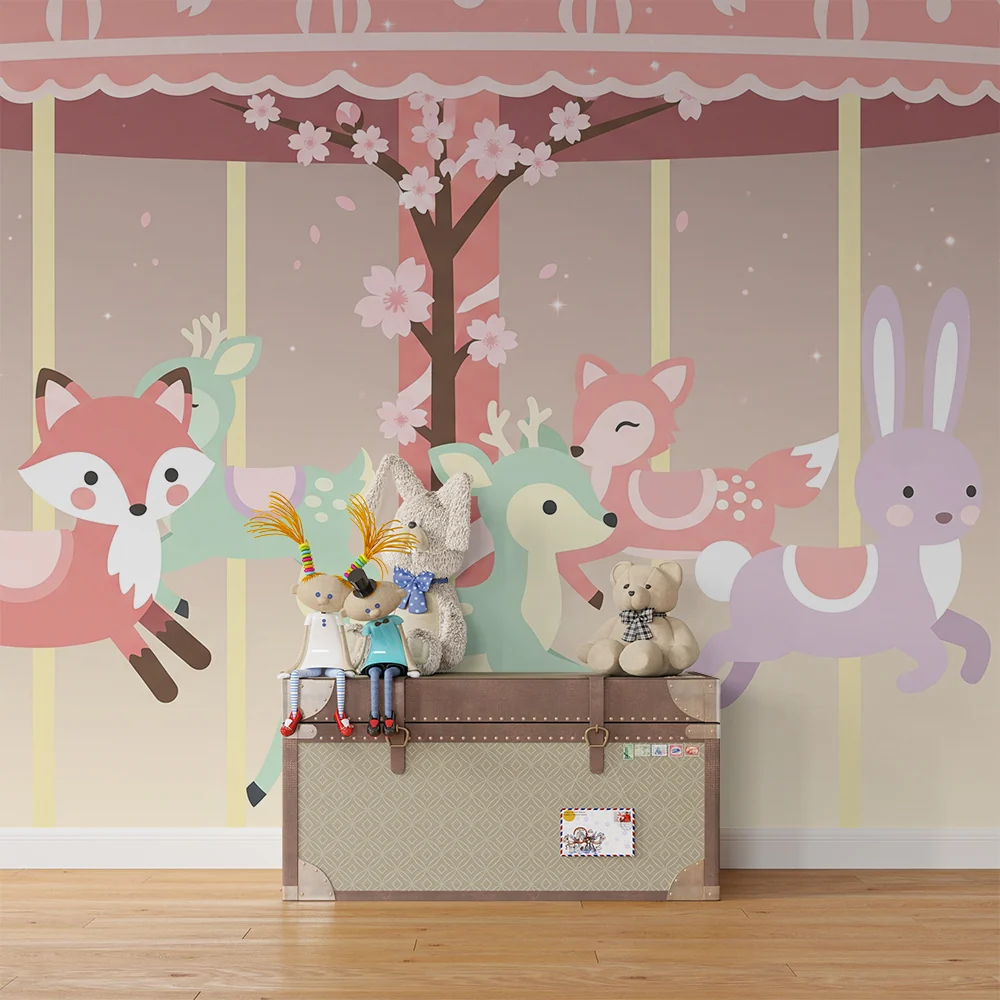 Nursery room wallpaper | Varázslatos körhinta aranyos állatokkal