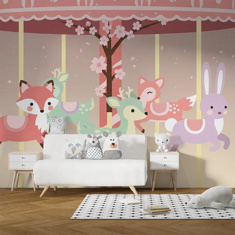 Nursery room wallpaper | Varázslatos körhinta aranyos állatokkal
