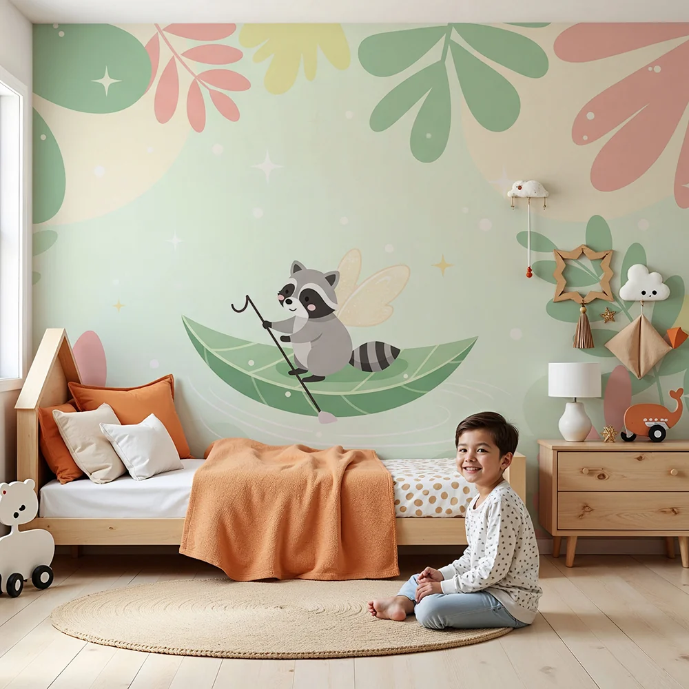 Nursery room wallpaper | Varázslatos mosómedve egy színes dzsungel levele közepén