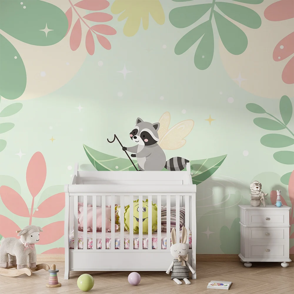 Nursery room wallpaper | Varázslatos mosómedve egy színes dzsungel levele közepén