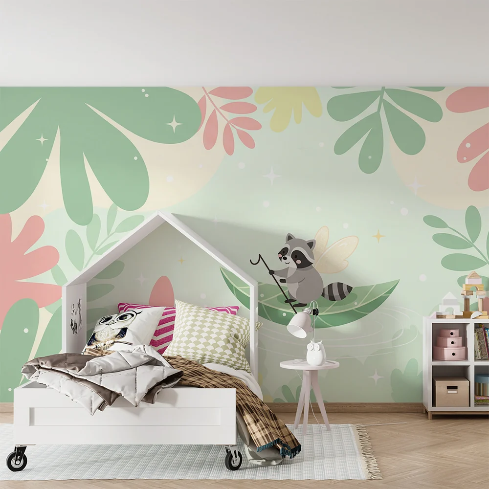 Nursery room wallpaper | Varázslatos mosómedve egy színes dzsungel levele közepén