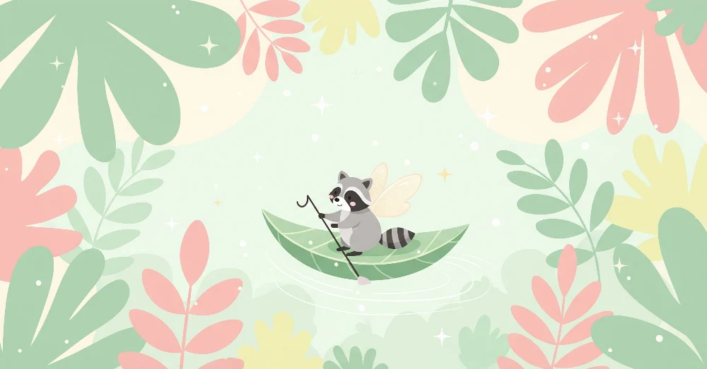 Nursery room wallpaper | Varázslatos mosómedve egy színes dzsungel levele közepén