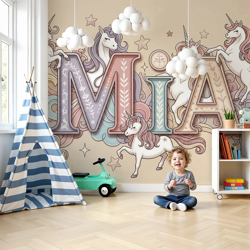 Nursery room wallpaper | Varázslatos unikornisok és színes betűk egy varázslatos hangulathoz