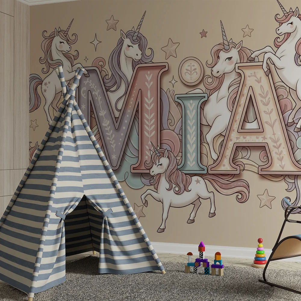Nursery room wallpaper | Varázslatos unikornisok és színes betűk egy varázslatos hangulathoz