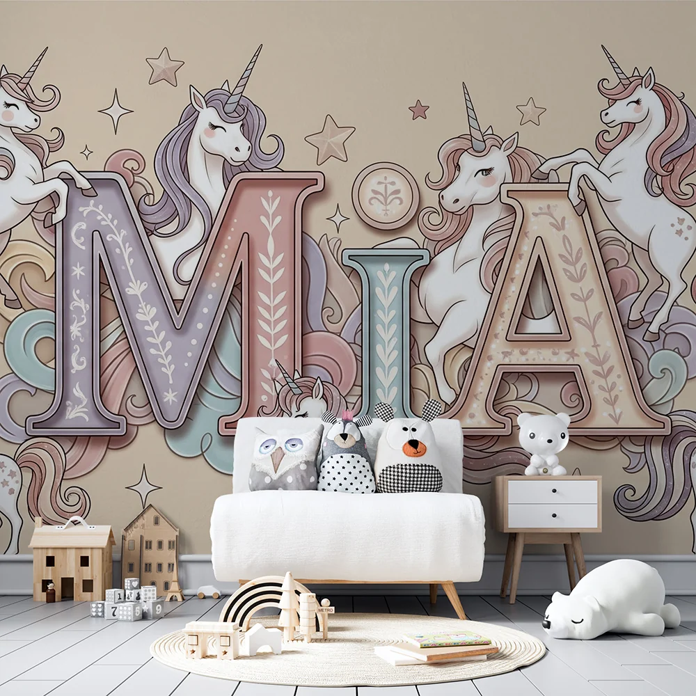 Nursery room wallpaper | Varázslatos unikornisok és színes betűk egy varázslatos hangulathoz