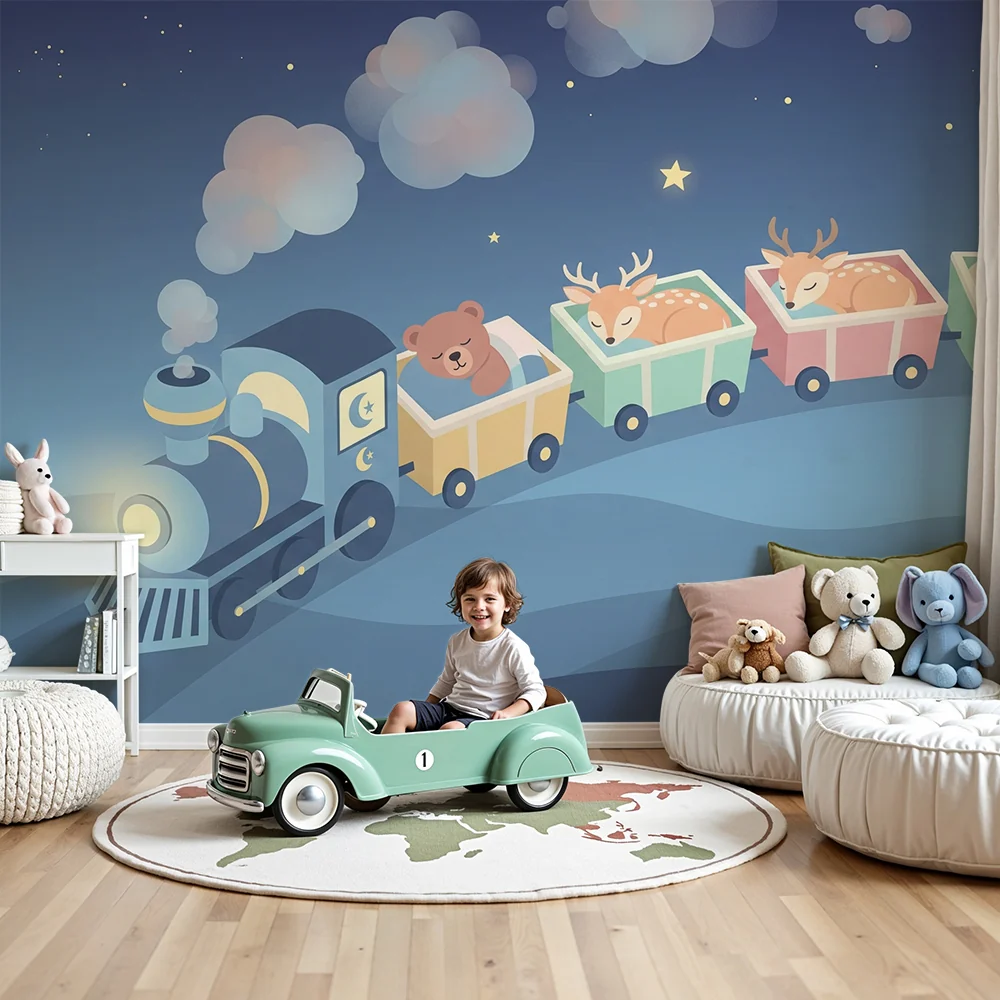 Nursery room wallpaper | Varázslatos vonat alvó állatokkal csillagok alatt
