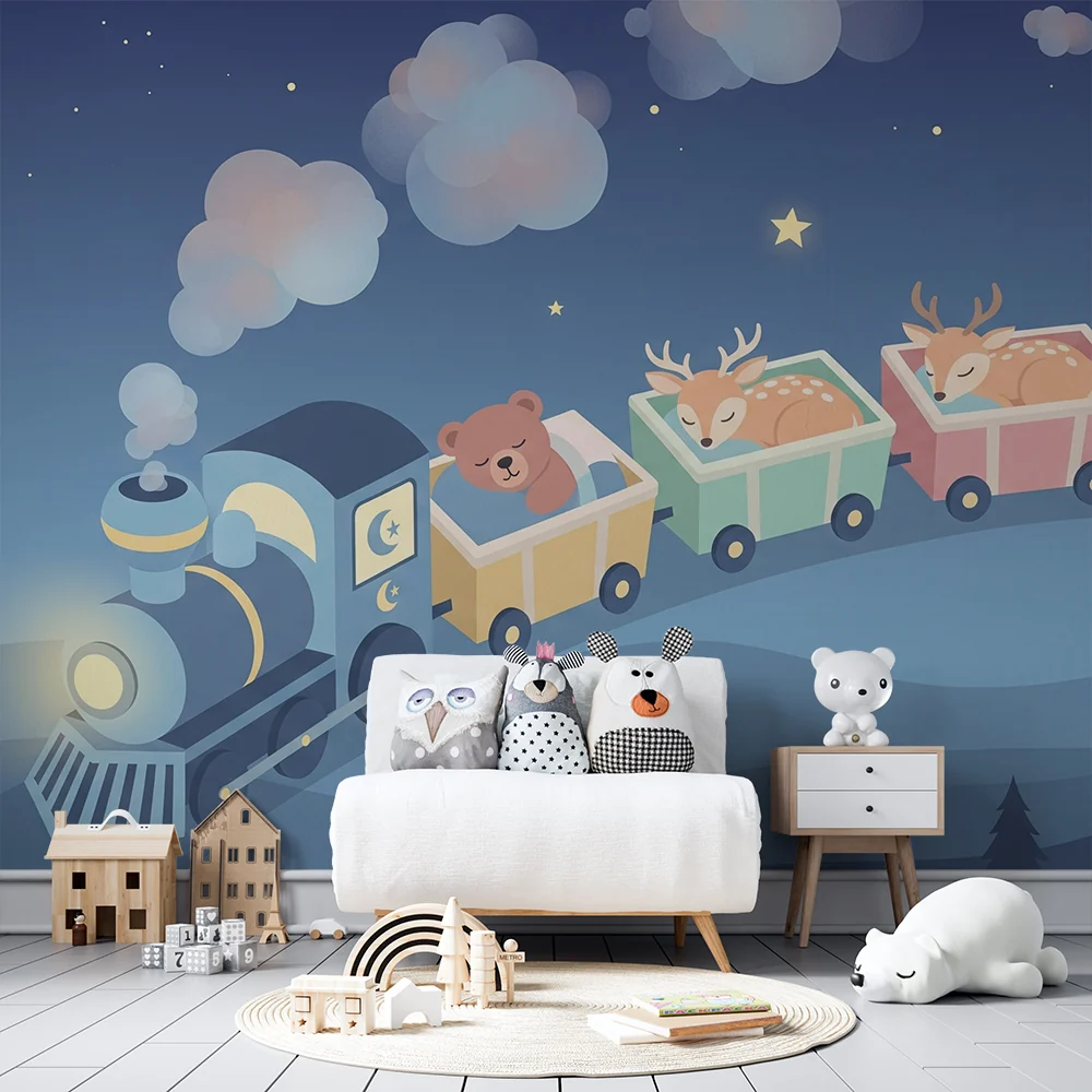 Nursery room wallpaper | Varázslatos vonat alvó állatokkal csillagok alatt