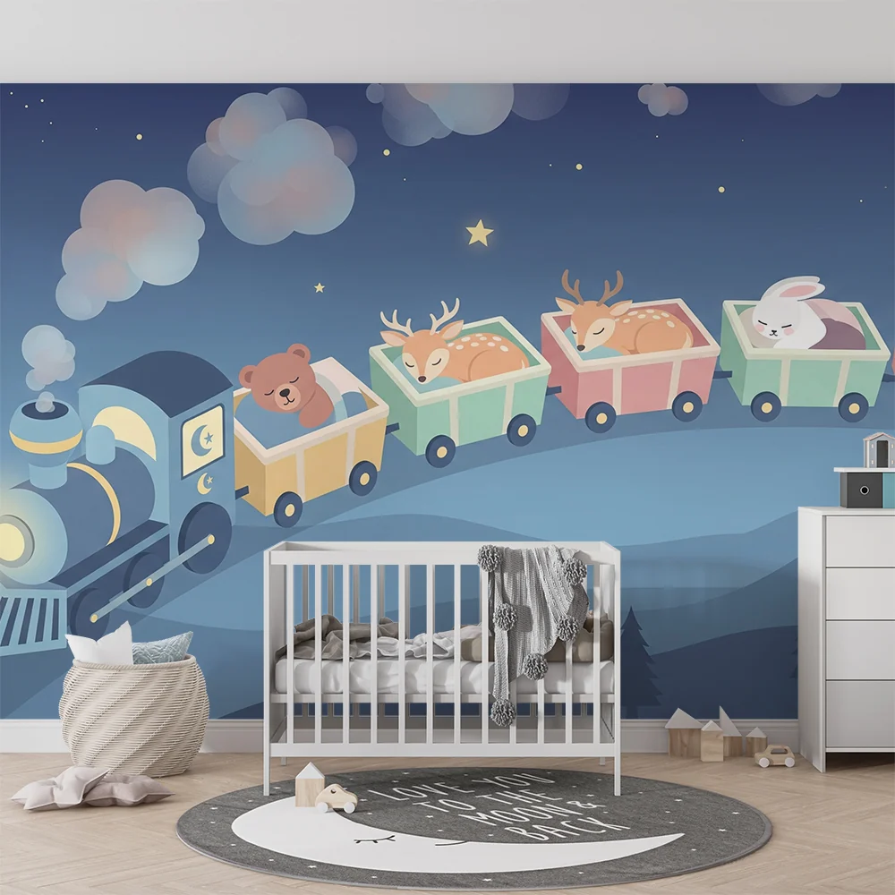Nursery room wallpaper | Varázslatos vonat alvó állatokkal csillagok alatt