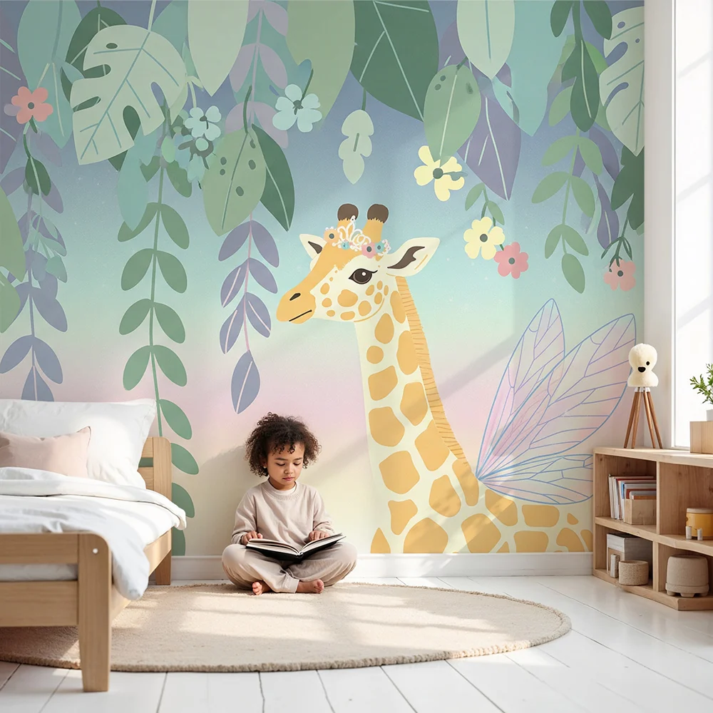 Nursery room wallpaper | Varázslatos zsiráf színes lomb alatt
