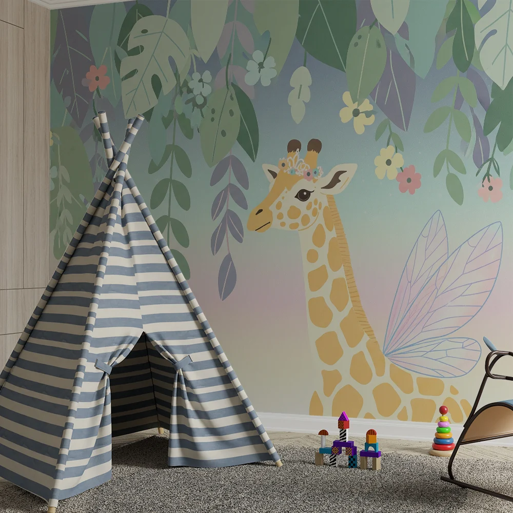 Nursery room wallpaper | Varázslatos zsiráf színes lomb alatt