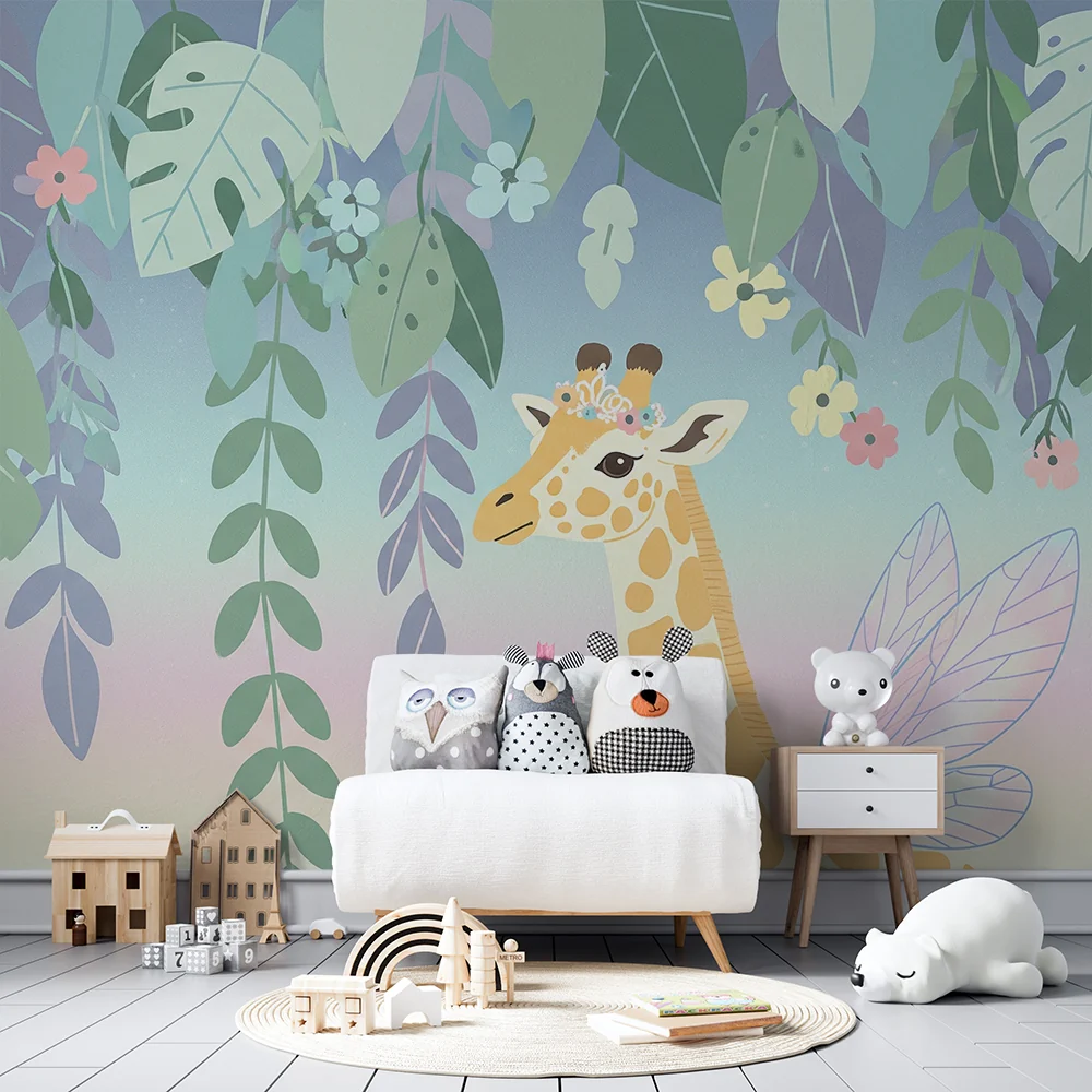 Nursery room wallpaper | Varázslatos zsiráf színes lomb alatt