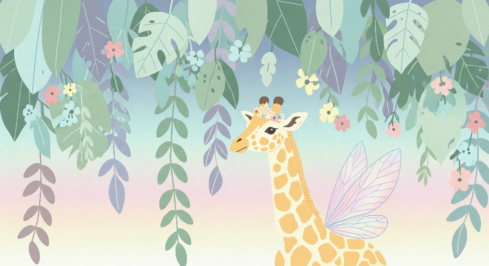 Nursery room wallpaper | Varázslatos zsiráf színes lomb alatt