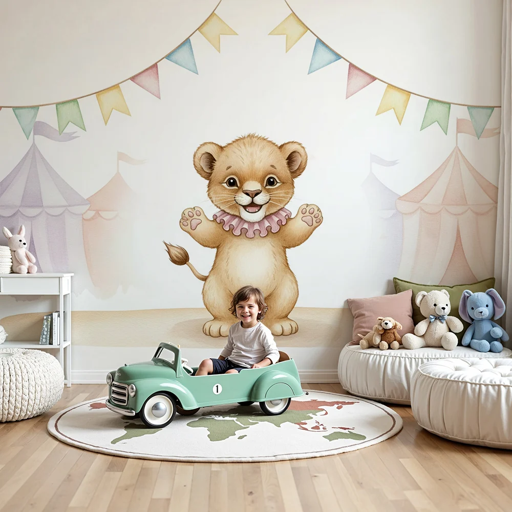 Nursery room wallpaper | Vidám cirkuszi kis oroszlán