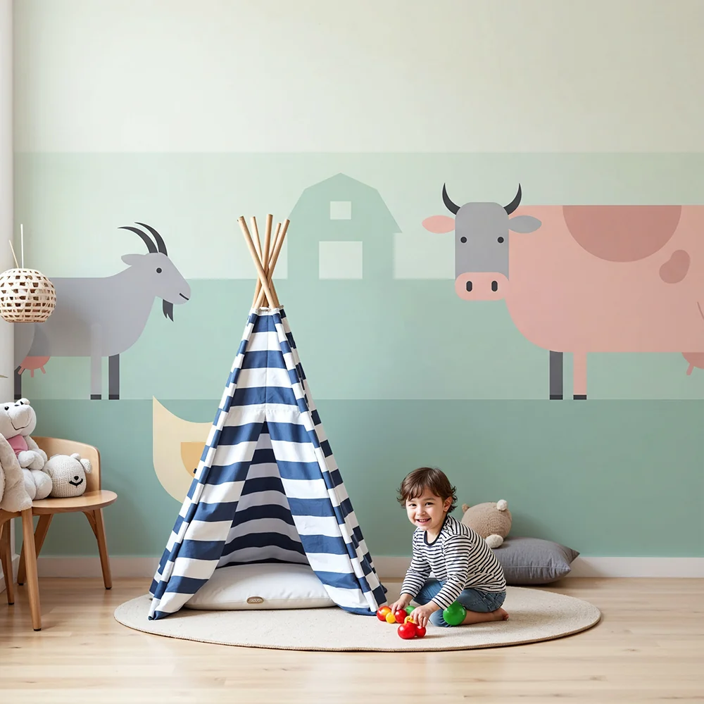 Nursery room wallpaper | Vidám és színes farm állatok