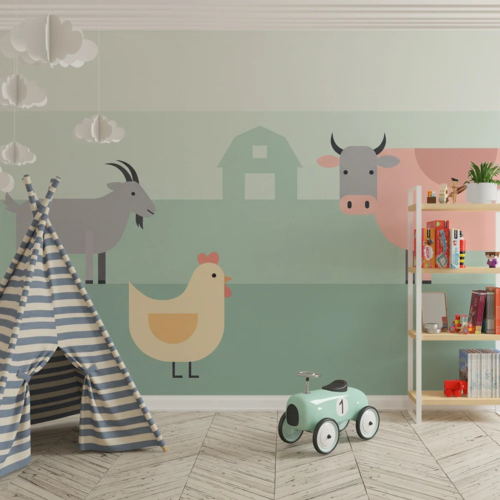 Nursery room wallpaper | Vidám és színes farm állatok