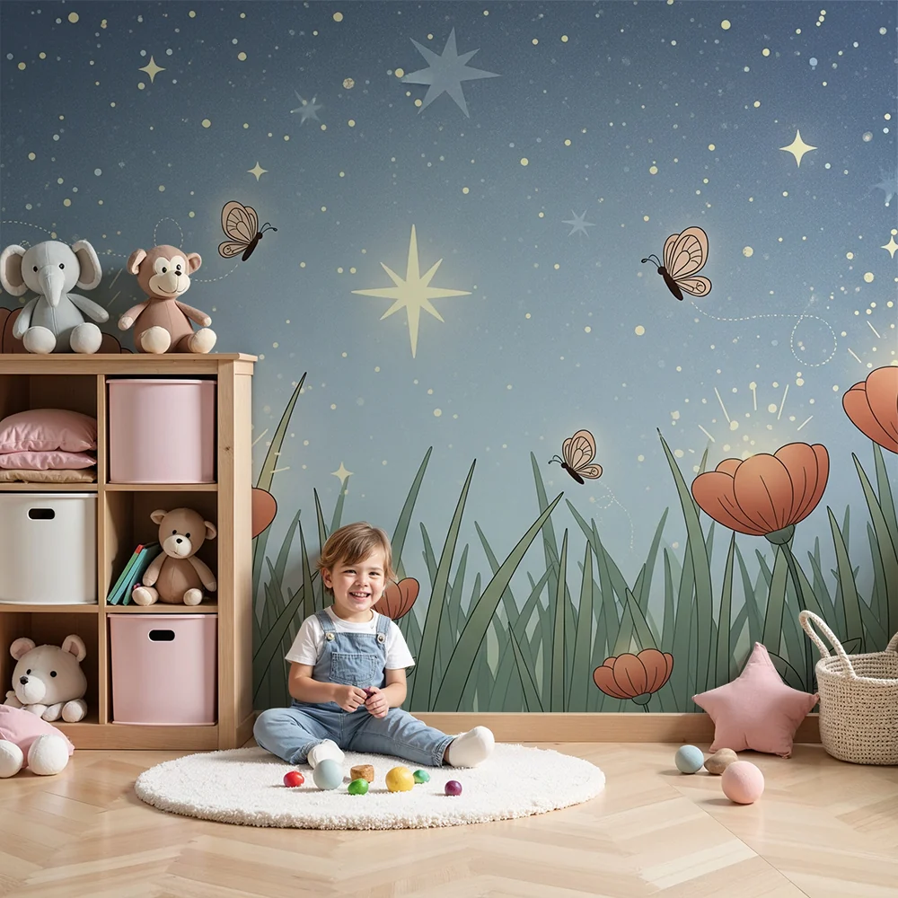 Nursery room wallpaper | Világító virágok egy csillagos égbolt alatt