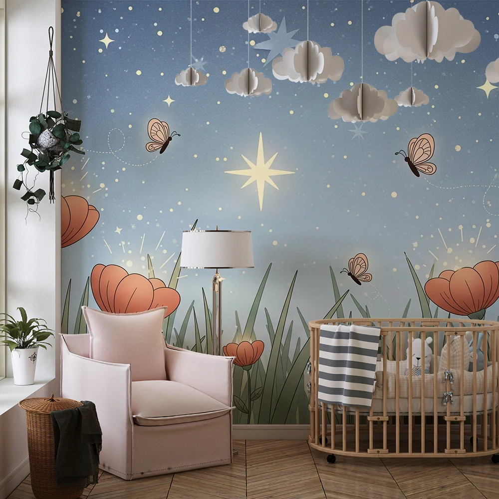 Nursery room wallpaper | Világító virágok egy csillagos égbolt alatt
