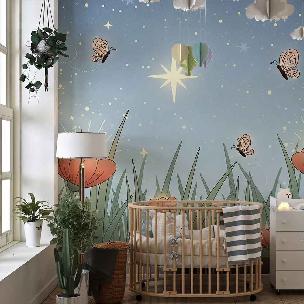 Nursery room wallpaper | Világító virágok egy csillagos égbolt alatt