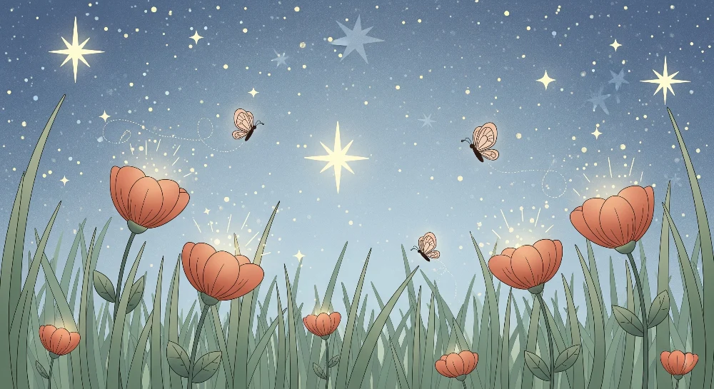 Nursery room wallpaper | Világító virágok egy csillagos égbolt alatt