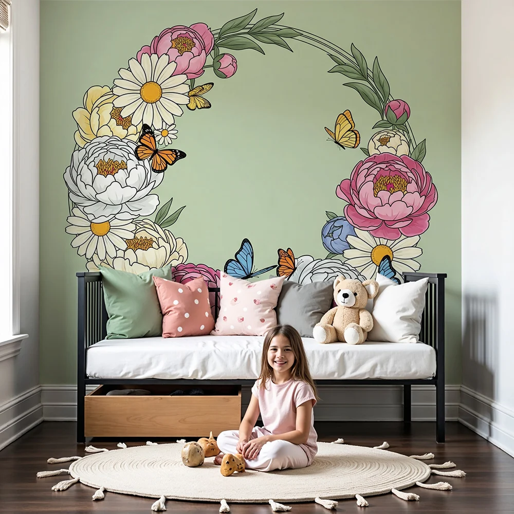 Nursery room wallpaper | Virágkoszorú színes pillangókkal puha zöld háttéren