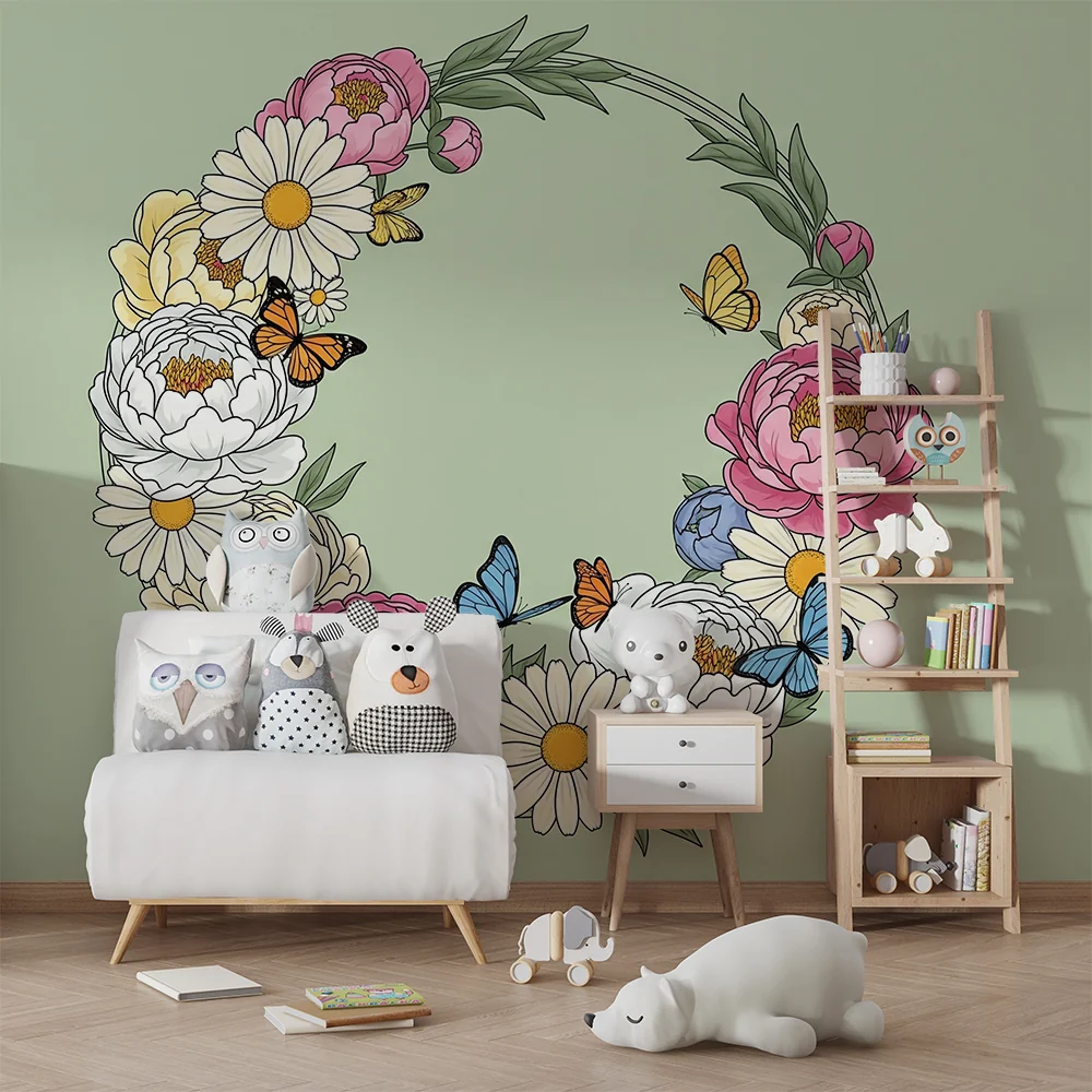 Nursery room wallpaper | Virágkoszorú színes pillangókkal puha zöld háttéren