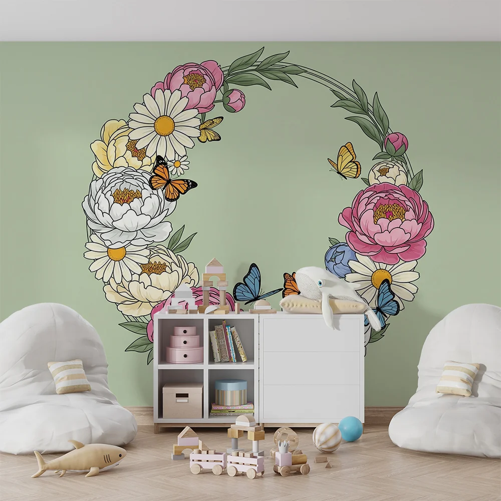 Nursery room wallpaper | Virágkoszorú színes pillangókkal puha zöld háttéren