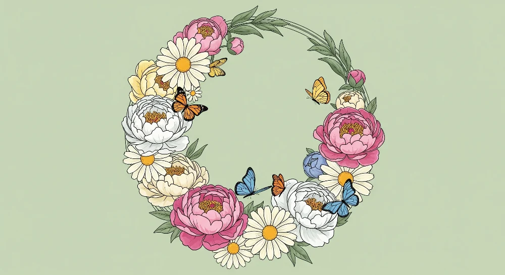 Nursery room wallpaper | Virágkoszorú színes pillangókkal puha zöld háttéren