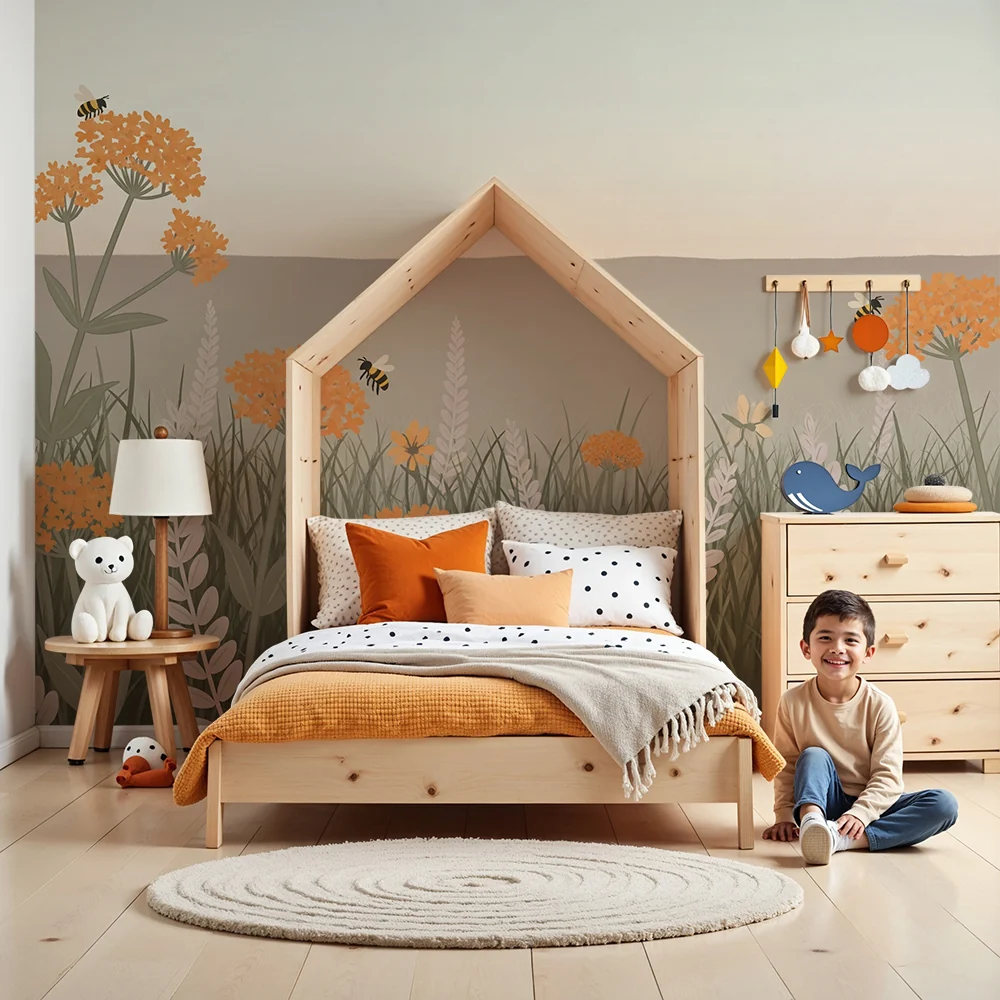 Nursery room wallpaper | Virágmező és méhek