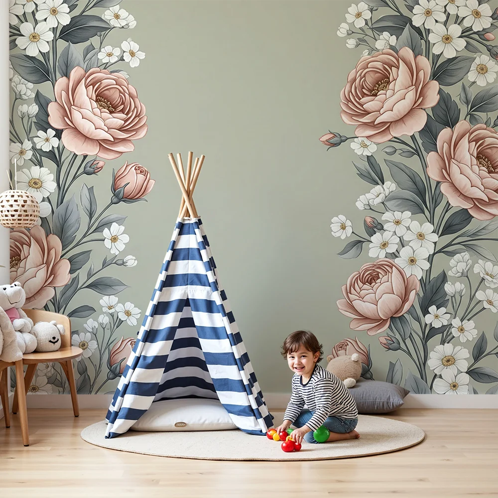 Nursery room wallpaper | Virágok hosszában zöld khaki háttéren