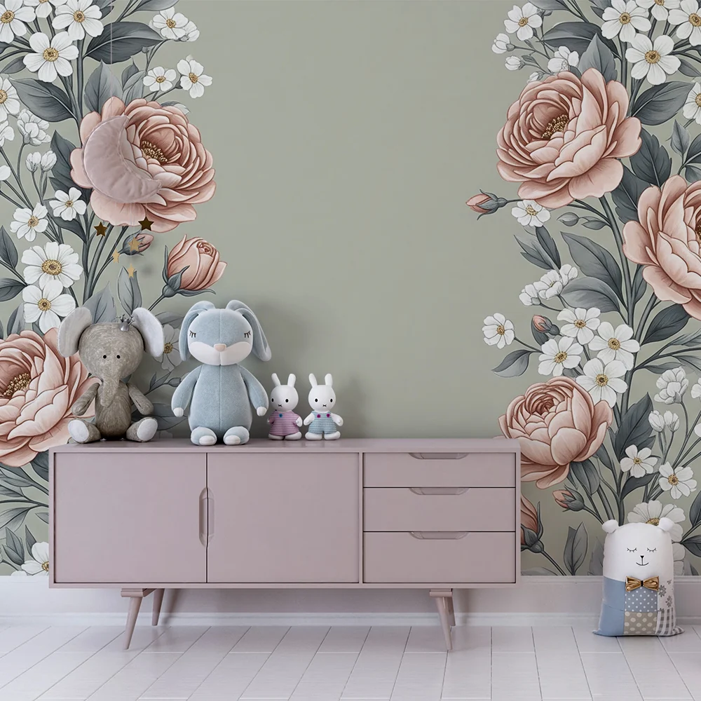 Nursery room wallpaper | Virágok hosszában zöld khaki háttéren