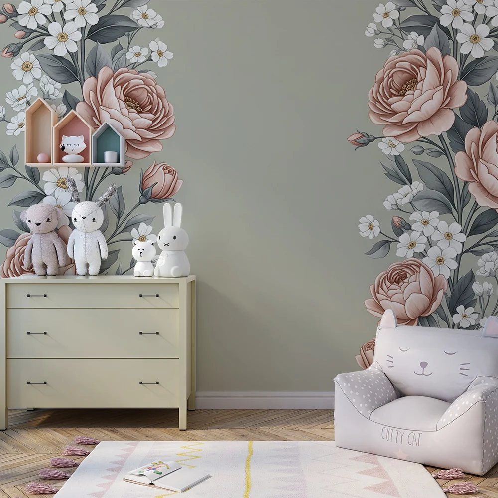 Nursery room wallpaper | Virágok hosszában zöld khaki háttéren