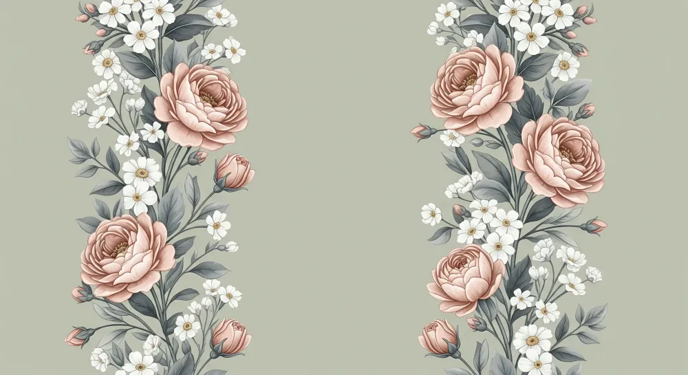 Nursery room wallpaper | Virágok hosszában zöld khaki háttéren