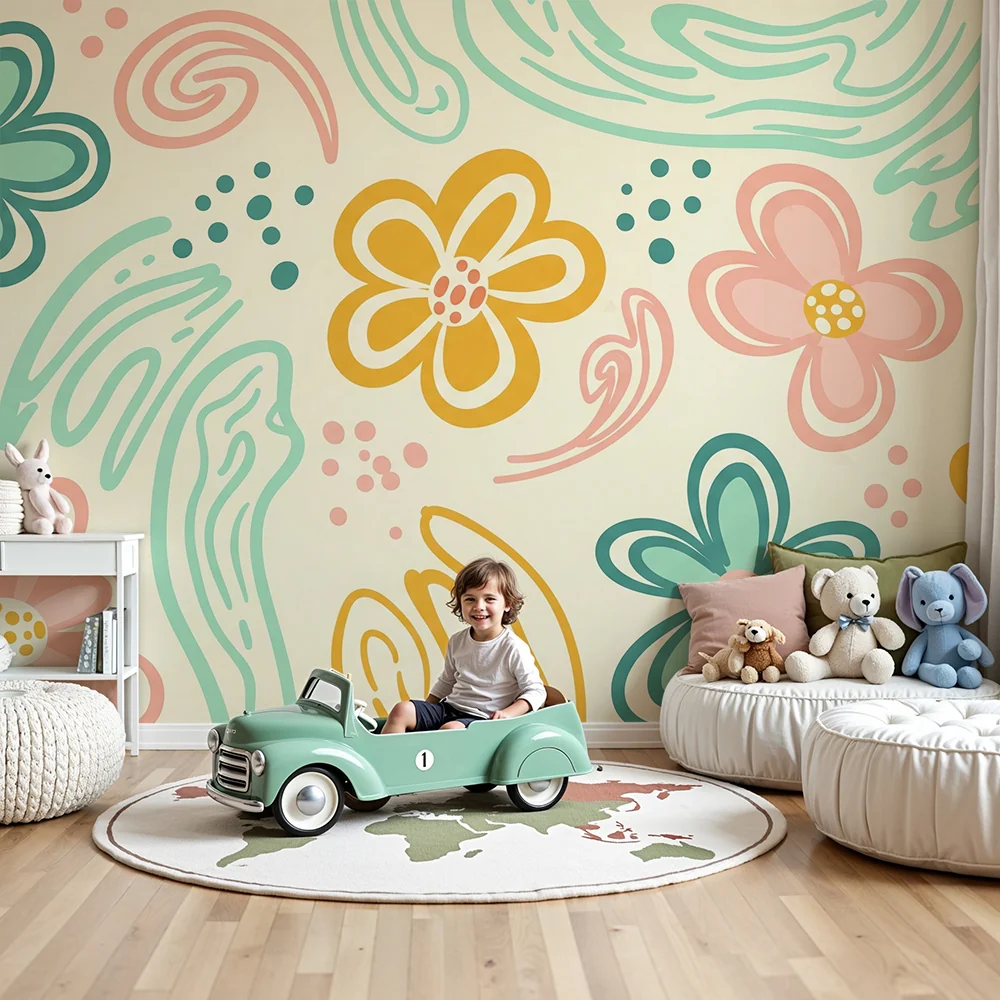 Nursery room wallpaper | Virágok és játékos motívumok