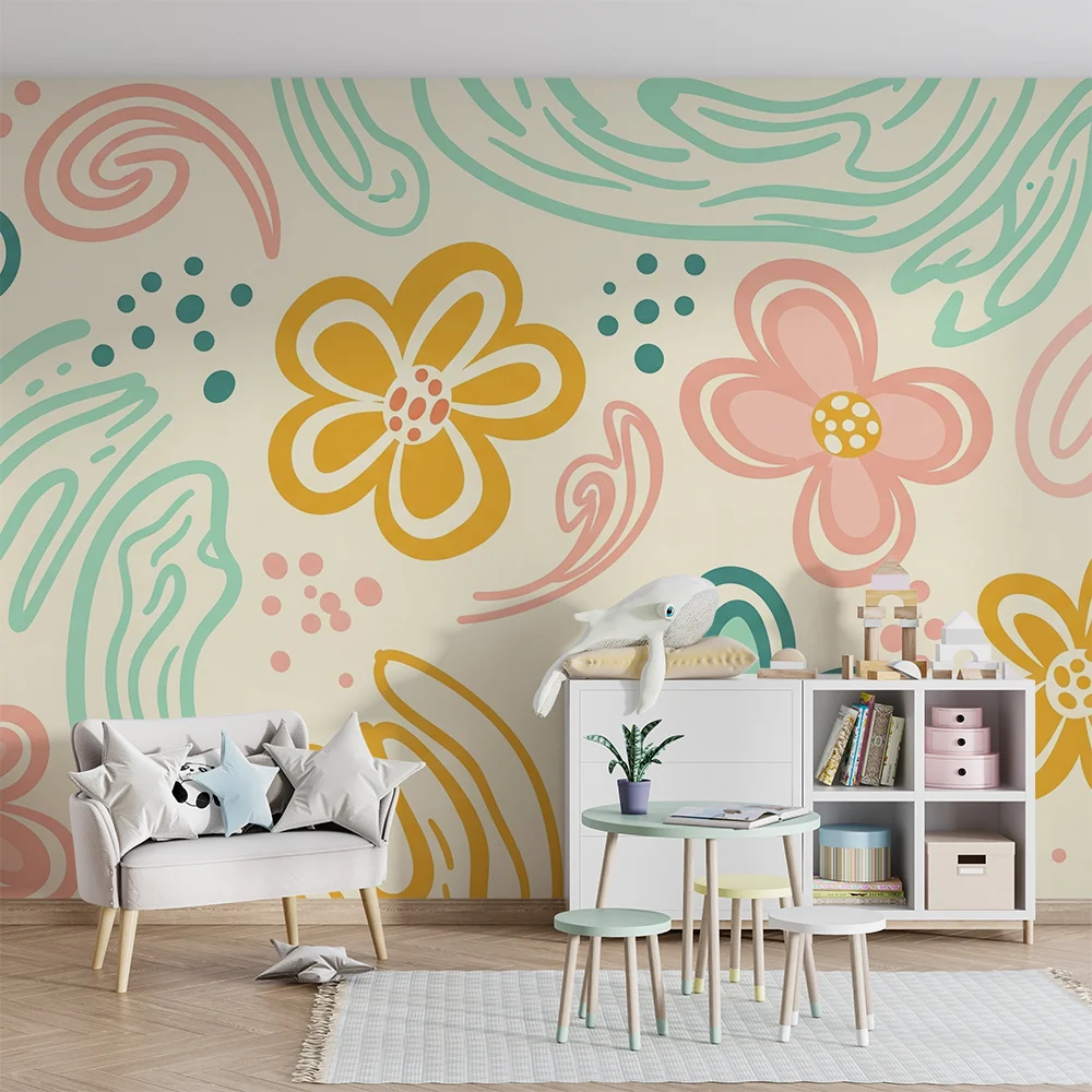 Nursery room wallpaper | Virágok és játékos motívumok