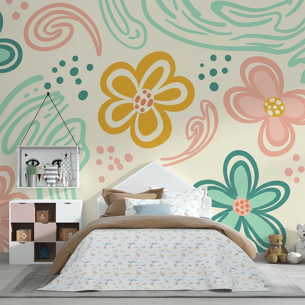 Nursery room wallpaper | Virágok és játékos motívumok